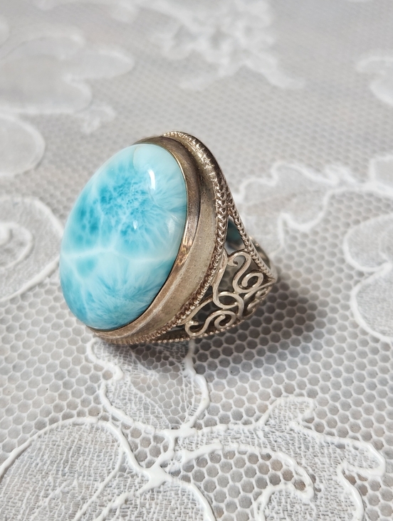 Himalayan Gems Jewelry - Blue Larimar Sterling Silver Large Oval Statement Ring SIZE 8